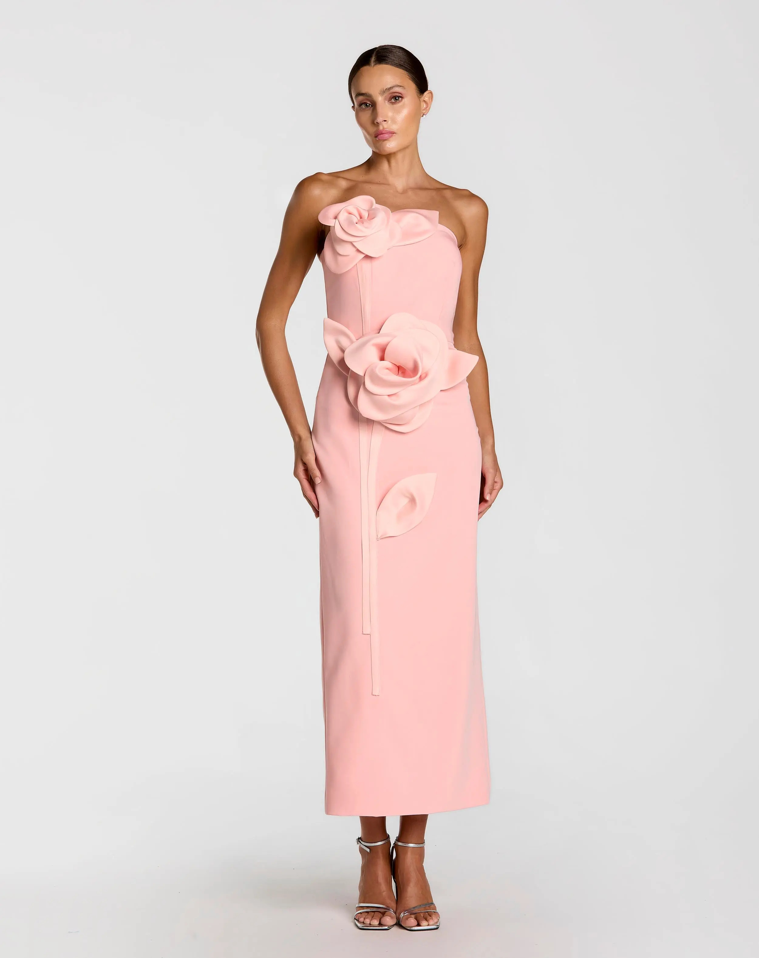 Pink Strapless Crepe Dress With 3D Satin Flowers | Mac Duggal | Mac Duggal