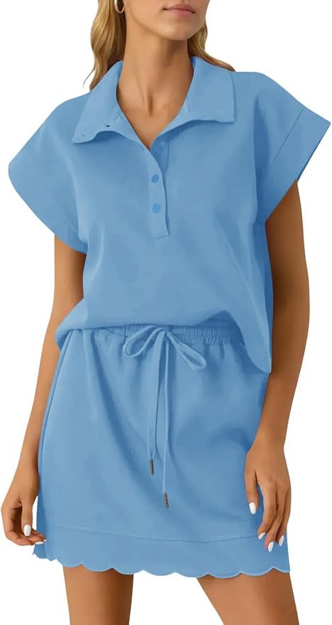 Wenrine Two Piece Skirt Sets for Women Summer Lapel Short Sleeve Top Mini Skirt Short Set Dressy ... | Amazon (US)