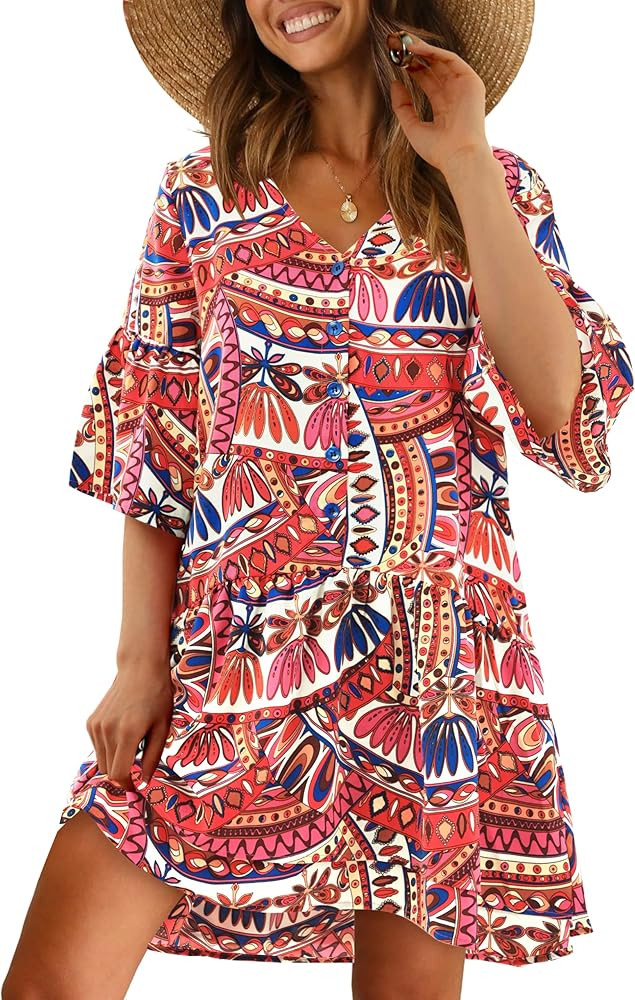 Amoretu Womens Summer V Neck 3/4 Bell Sleeve Swing Shift Dresses Casual Button up Dress | Amazon (US)