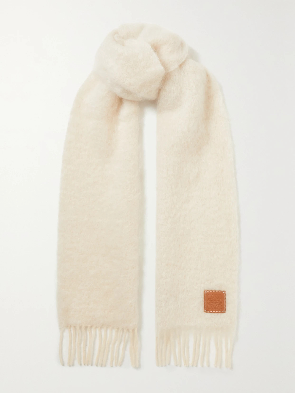 LOEWE - Leather-trimmed Fringed Mohair-blend Scarf - Ecru | NET-A-PORTER (UK & EU)