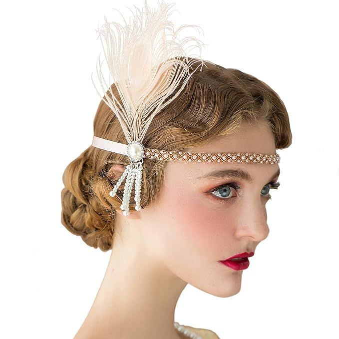 Amazon.com: SWEETV 1920s Headpiece Flapper Headband, Pearl Peacock Feather Hair Band, Great Gatsb... | Amazon (US)