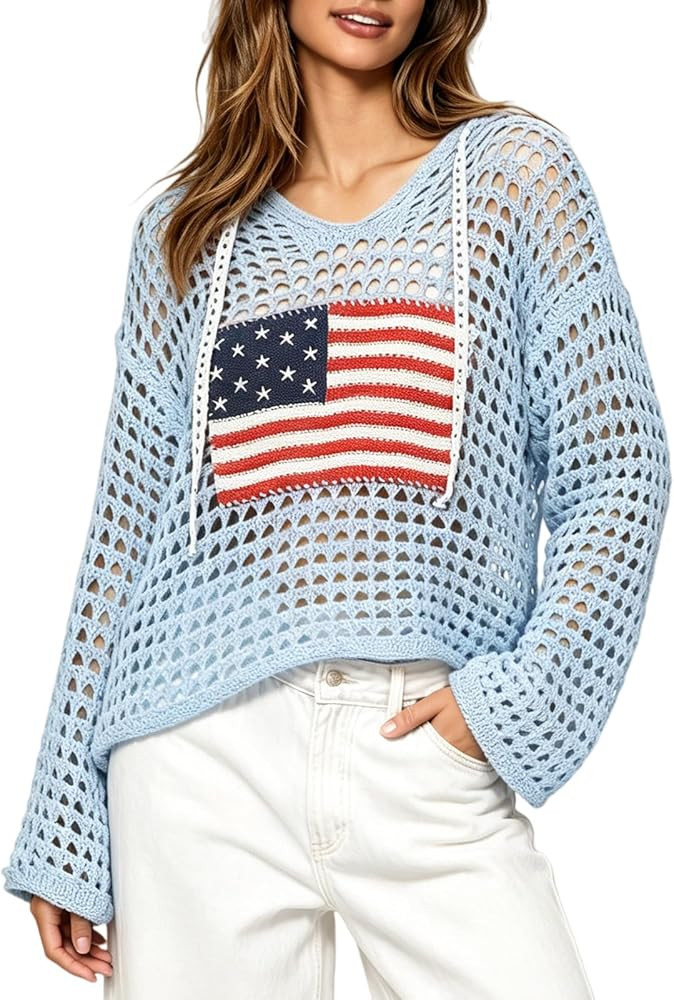 Women's American Flag Crochet Sweater Long Sleeve Hollow Out Lightweight Knit Hoodie 2026 Summer ... | Amazon (US)