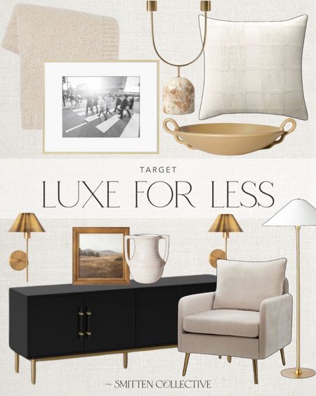 Target luxe for less includes throw pillow, decorative bowl, candle stick holder, wall art, throw blanket, accent chair, buffet, vase, sconces.

Home decor, Target home decor, looks for less, Target

#LTKstyletip #LTKfindsunder100 #LTKhome
