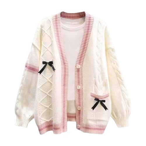 ebossy Womens Kawaii Cute Bowknot Cable Knit Cardigans Sheep V Neck Button Down Slouchy Preppy Wool Blend Sweater Coat (M, Beige) | Amazon (US)