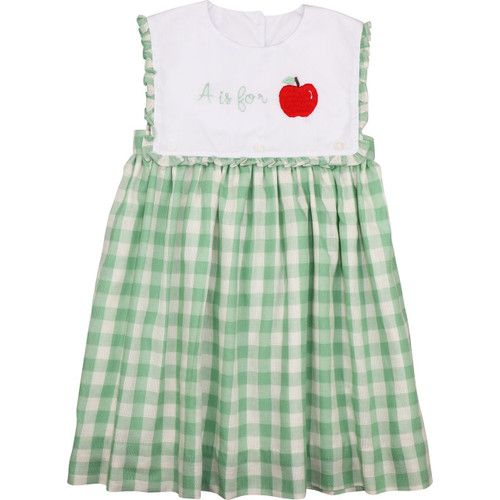 Green Check Embroidered "A is for Apple" Dress | Cecil and Lou