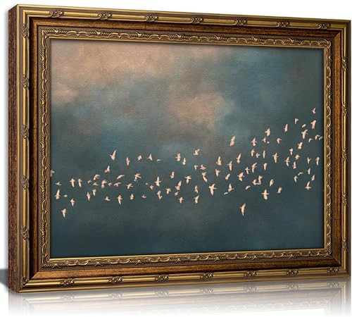 Vintage Gold Framed Flock of Birds in Flight Wall Art, Abstract Teal and Blush Sky Canvas Prints, Minimalist Nature Painting Poster Artworkfor Living Room Bedroom Office Wall Decor，16x24in | Amazon (US)