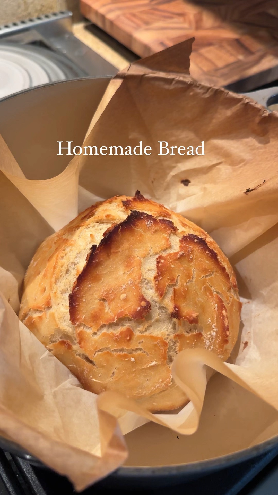 Easy Homemade Bread

Here’s what you’ll need:
3 cups flour, plus extra for dusting
2 tbs instant, dry yeast (1 packet)
3 tbs kosher or Himayalian salt
2 cups warm tap water, warm to the touch, not steaming. 
Dutch oven, I always use my @lecreuset 

Here’s how you make it:
1. Mix flour, yeast, and salt into a bowl or mixer.
2. Slowly stir in the water until combined.
The dough will be runny and similar to pancake batter.
3. Cover the bowl with a tea towel, and let rise 2-3 hours in a warm spot until it doubles in size.
4. Preheat the oven and a dutch oven to 450°.
5. Flour a surface generously, and have extra flour on hand. Pour out the dough and very gently fold the sides in until it forms a ball. Do not knead! It will be sticky, that’s okay. 
6. Place the dough onto parchment paper.
7. Drop the parchment paper and dough into the preheated dutch oven.
8. Cover with the lid and bake for 30 minutes.
9. After 30 minutes remove the lid and bake for 5-10 minutes until golden brown.
10. Remove from Dutch oven and let cool fully on a wire rack before slicing.

Test a slice out with some room temp butter, I know you’ll love it! 

#homemadebread #bakingfromscratch #bakingbread 

#LTKVideo