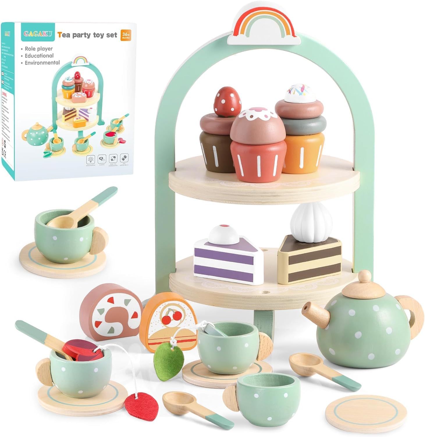 GAGAKU Wooden Tea Set for Little Girls Tea Set for Toddler Food Pretend Play Accessories Kids Kit... | Amazon (US)