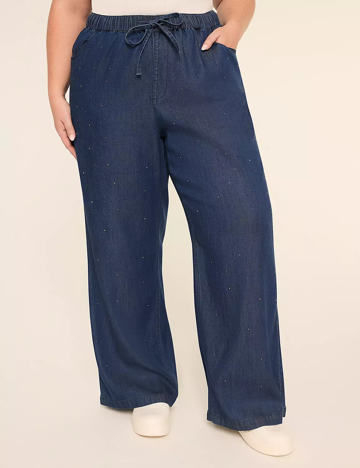 Embellished Drapey Denim Pull-On Wide Leg Pant | Lane Bryant (US)