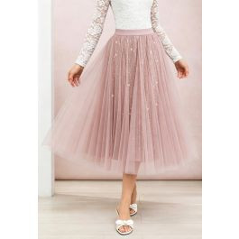 Ravishing Sequins Mesh Tulle Midi Skirt in Pink for Evening Outings & Formal Events | Chicwish