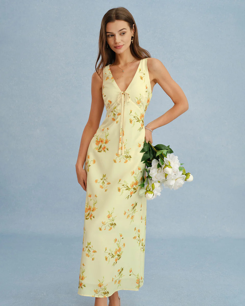 Yellow V Neck Floral Chiffon Maxi Dress | rihoas.com