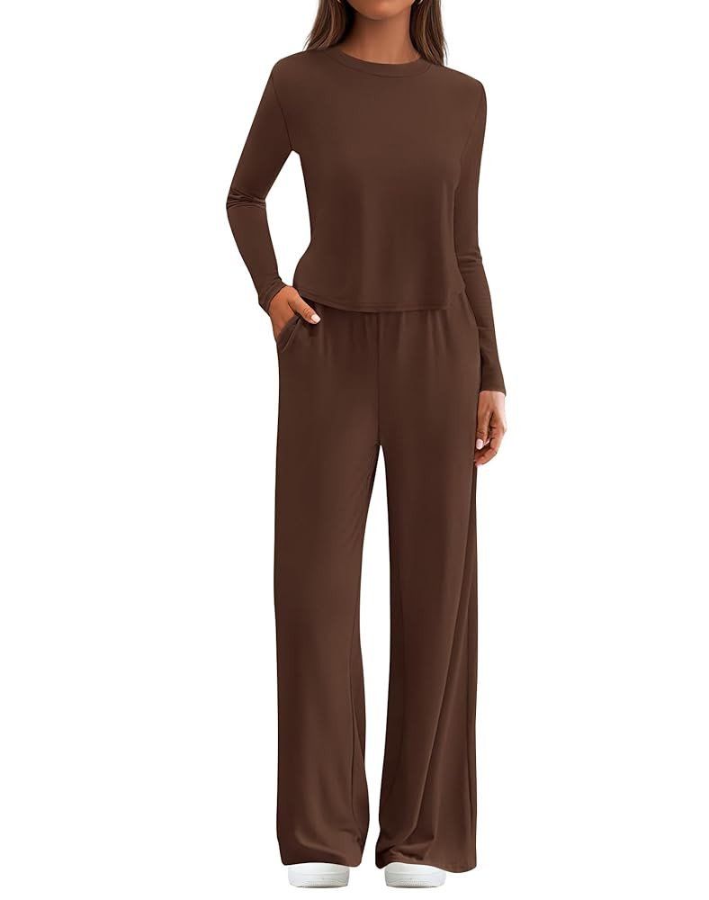 MASCOMODA Fall Lounge Sets for Women Crewneck Long Sleeve Tops Wide Leg Pants Casual 2 Piece Airp... | Amazon (US)