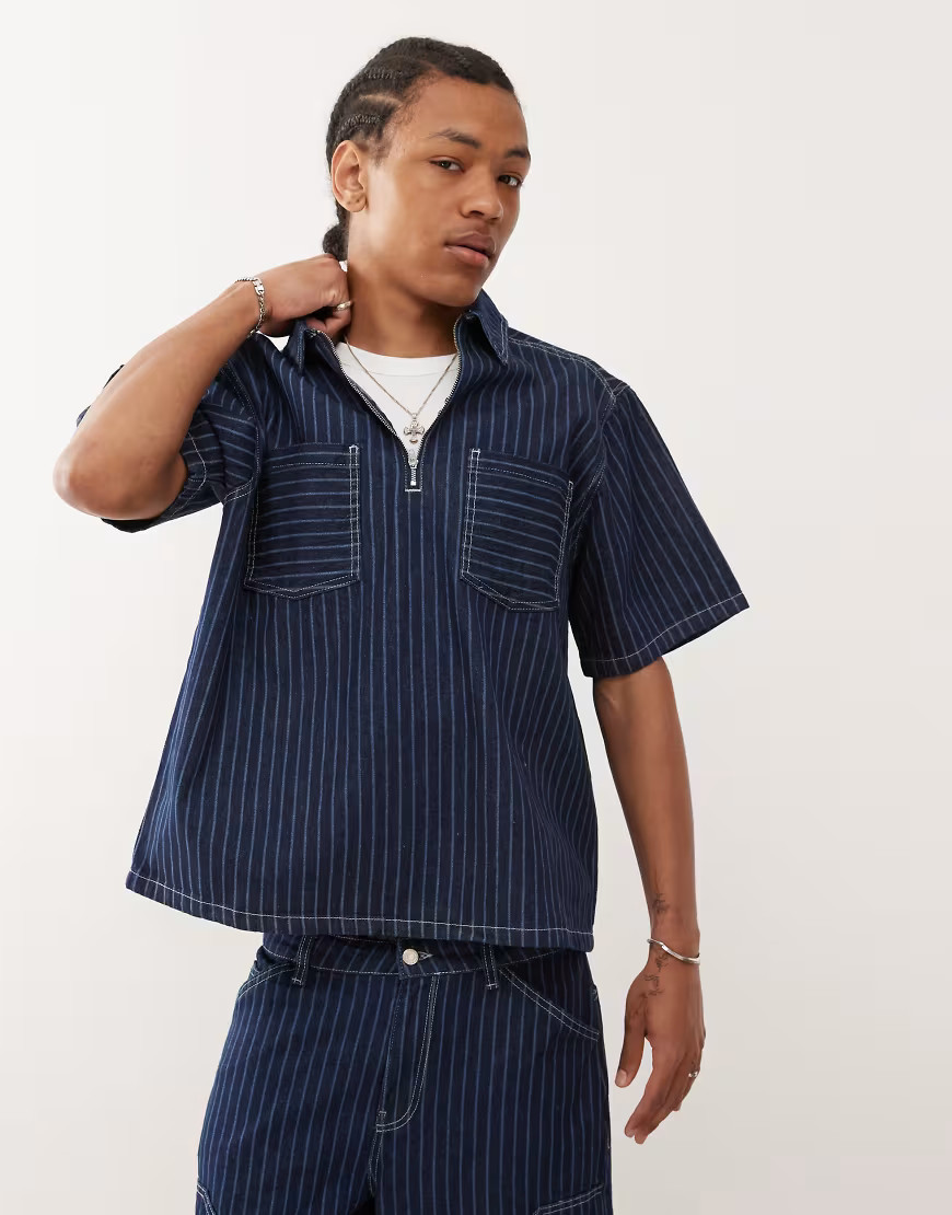 Reclaimed Vintage denim pinstripe boxy shirt co-ord with zip detail in blue | ASOS (Global)