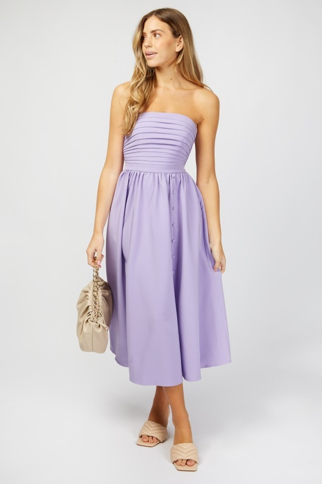 Rosamund Lilac Bandeau Pleated Midi Dress | Little Mistress (UK)