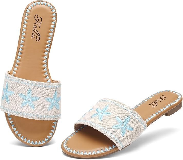 katliu Women's Flat Sandals, Seashell Starfish Sandals, Boho Embroidery Floral Slide Sandals, Sum... | Amazon (US)