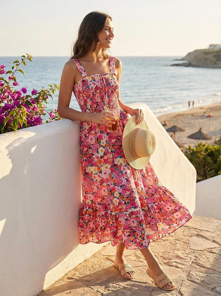 GRACE KARIN Women's 2026 Summer Floral Boho Dress Square Neck Strapped Swing A Line Sundress Beac... | Amazon (US)