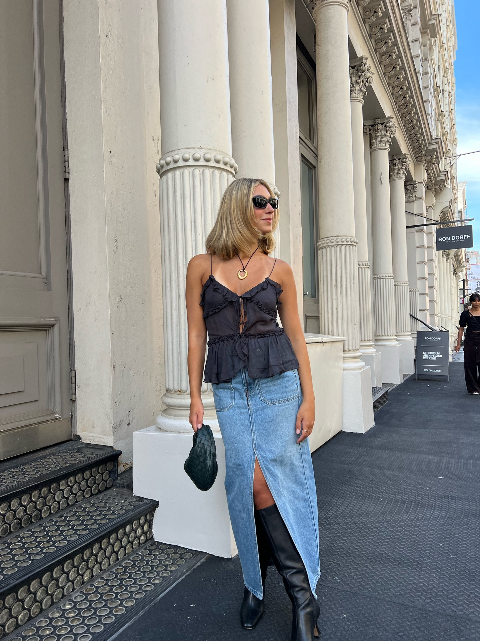 Early fall outfit, fall outfit, fall style, tie top, black tie tank top, black tank top, denim skirt, denim maxi skirt, black boots, black sunglasses

#LTKstyletip #LTKSeasonal #LTKtravel
