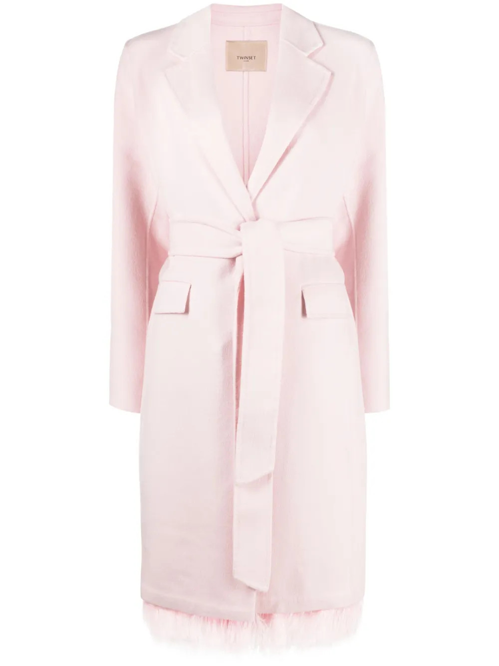 TWINSET feather-hem wool-blend Coat | Pink | FARFETCH AE | Farfetch Global