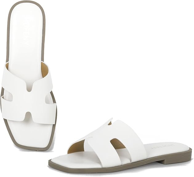 Womens Slip On Flat Sandals Soft Leather Open Toe Slide for Summer Dressy | Amazon (US)