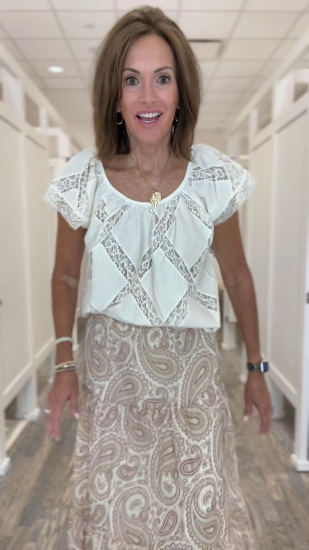Lace top - medium 
Paisley tiered skirt - small

#LTKTall #LTKMidsize #LTKSaleAlert