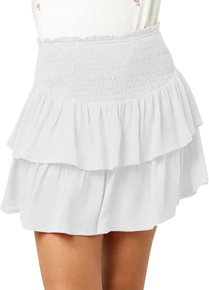Girls Mini Skirts High Elastic Waisted Tiered Smocked Ruffle Skirt with Shorts US Size 4-15 | Amazon (US)