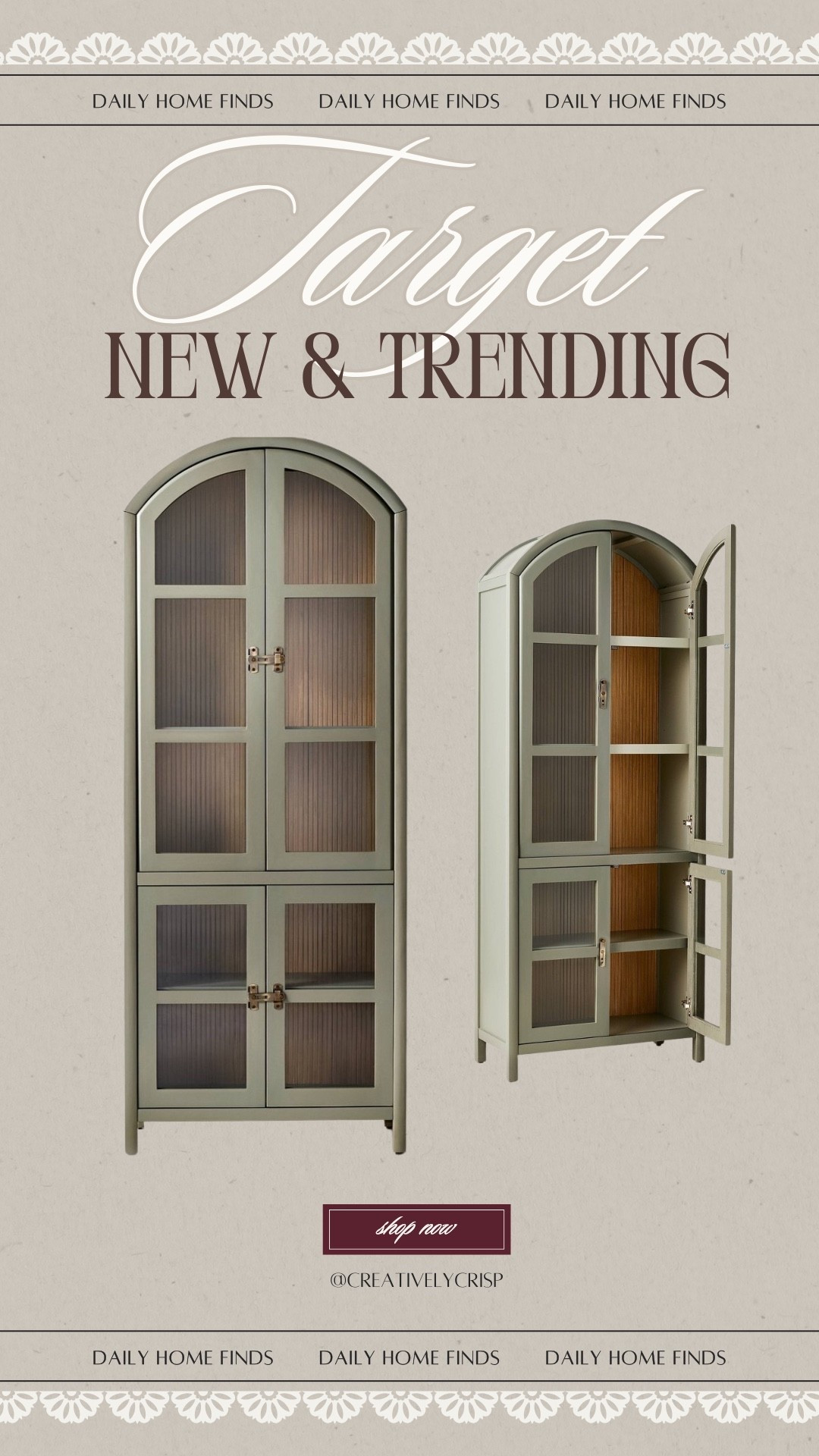 New and trending summer products from Target! Beautiful glass, four door arched cabinet in sage green with wood accents. 


#LTKspring #LTKHome #LTKSeasonal
