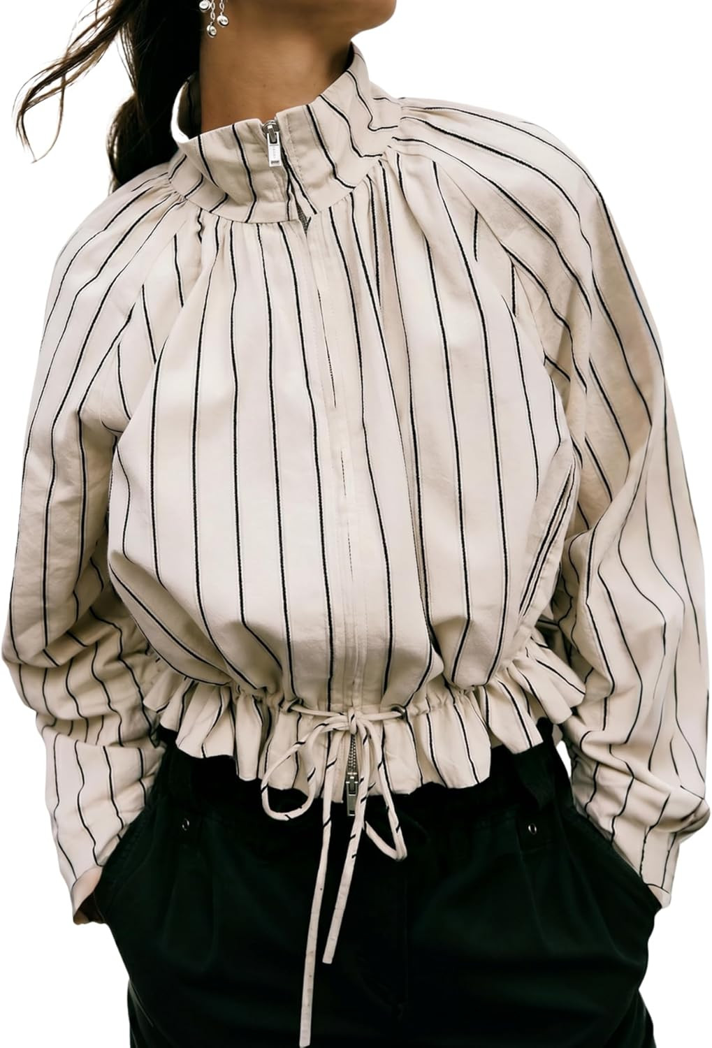 Women's Lightweight Striped Stand Collar Zip Up Cropped Jacket | Amazon (US)