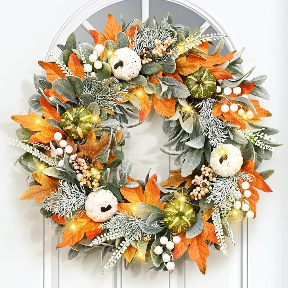 Fall Decorations for Home, 22" Fall Wreaths for Front Door, Fall Door Wreath with Lamb Ears Leave... | Amazon (US)