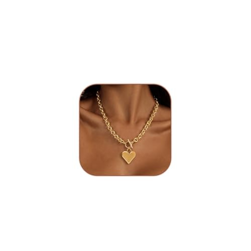 HERIER Gold Heart Necklace for Women Chunky Heart Pendant Necklaces for Women Trendy Link Chain Gold Toggle Clasp Charm Necklace Jewelry Gifts | Amazon (US)