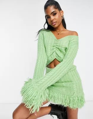 Miss Selfridge cable knit fringe ruched sweater in green - part of a set | ASOS (Global)