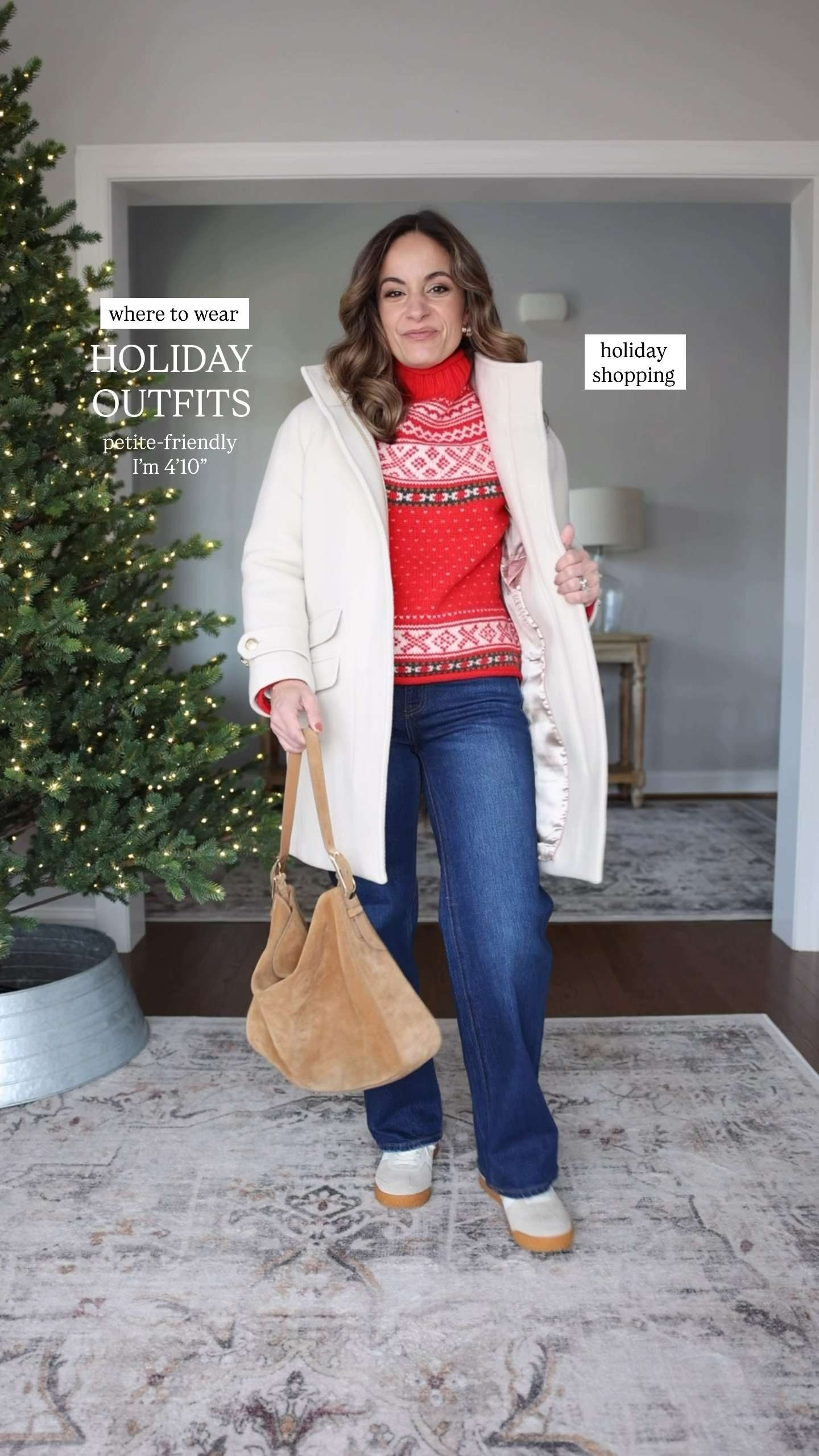 Where to wear holiday outfits! 

Shopping

Jeans (Quince) 24 x 28"
Sweater (J.Crew): XXS
Coat (J.Crew): Petite XXS
Sneakers (Gola) tts
Bag (J.Crew)

Church
Dress (Boden): Petite 0 
Shoes (linked a similar option)

Ballet
Skirt (Aritzia): XS
Top (BR Factory): XXS
Coat (Aritzia): XXS
Tights (Sheertex): XXS
Shoes (Sam Edelman): TTS
Bag (J.Crew)

Office Party
Pants (J.Crew Factory): Petite 00 
Top (BR Factory): XXS
Blazer (Ann Taylor): Petite 00 
Shoes (DV): TTS

Travel
Leggings (Spanx): XS
Top (Spanx): XS
Layering T-Shirt (Quince): XS
Socks (Amazon)
Sneakers (Hoka): TTS
Coat (BR Factory): Petite XXS
Luggage (Beis)
Bag (Quince)

Wrapping Presents
Top (Spanx): XS
Pants (Spanx): Petite XS (28.5" inseam)

(holiday outfits, comfortable outfits, travel outfits, petite fashion, winter outfits) 

 #LTKHoliday #LTKPetite