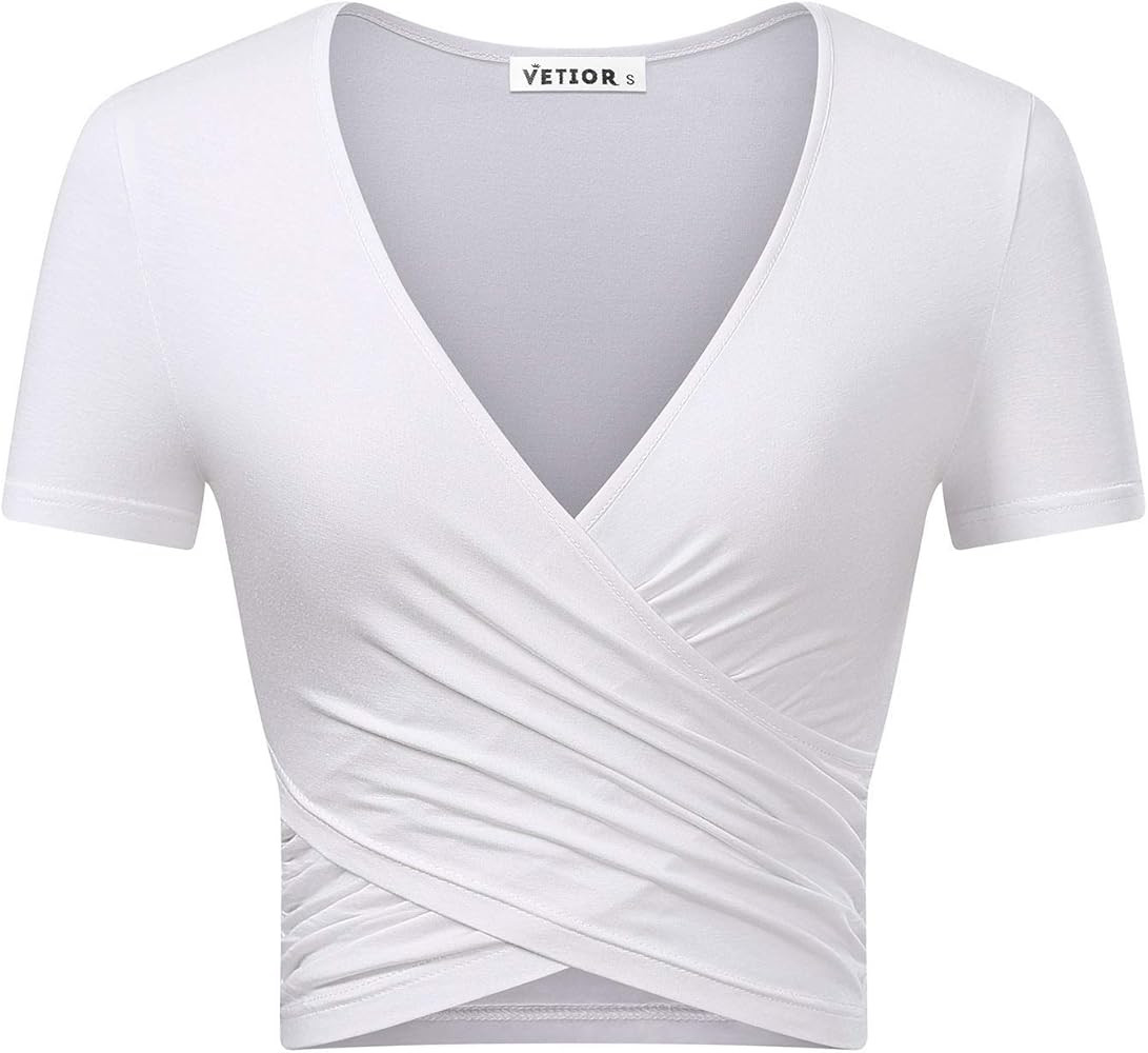 Vetior - Blusa de manga corta con escote profundo en V para mujer, camiseta ajustada tipo ombligu... | Amazon (US)
