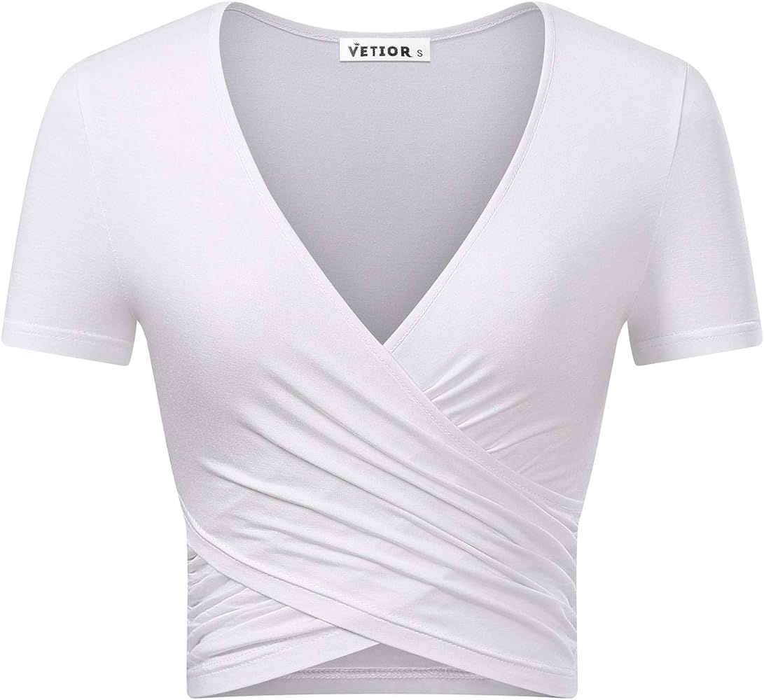 VETIOR Women's Deep V Neck Short Sleeve Tops Unique Slim Fit Cross Wrap Shirts Crop Tops | Amazon (US)