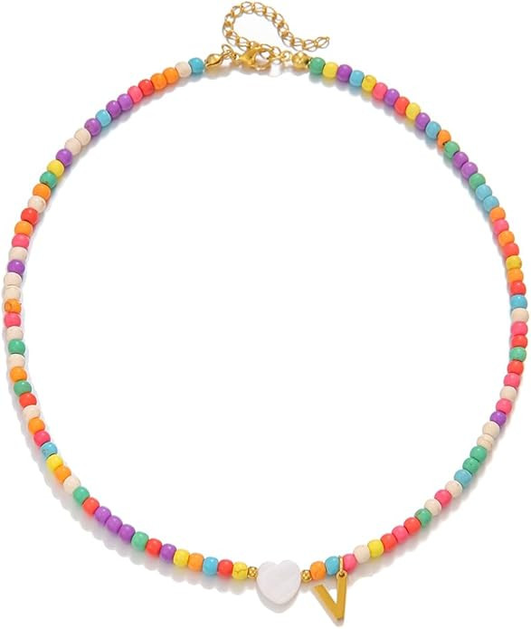 Gold Initial Necklace for Women - Handmade Bohemian Colorful Beaded Initial Stainless Steel 18K P... | Amazon (US)