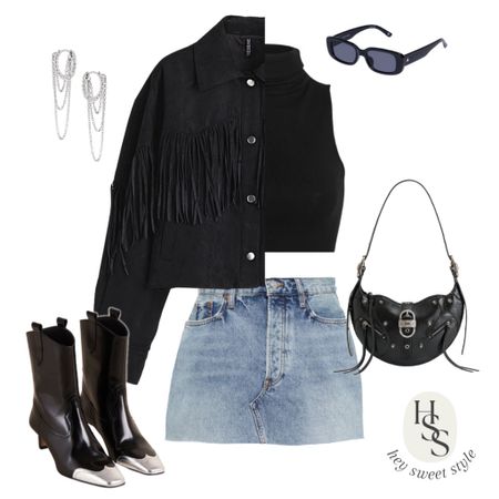 Fall Nashville Outfit: Black fringe jacket, black sleeveless turtleneck, denim mini skirt + square toe cowgirl booties 🖤🪩🏴‍☠️

#LTKSeasonal #LTKstyletip #LTKunder100
