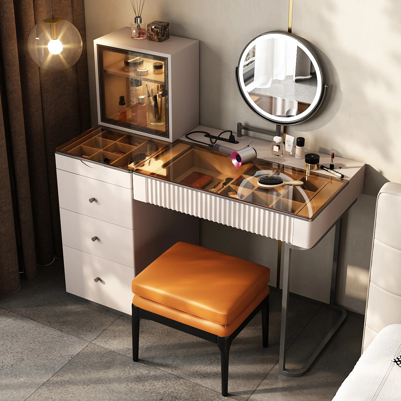 Makeup Vanity Set,Power Outlet, Glass Top | Wayfair North America