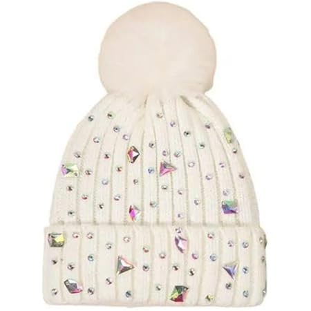 LEOMOSTE Women Girls Winter Sequin Beanie Hat with Faux Fur Pom Pom Knit Skull Cap | Amazon (US)