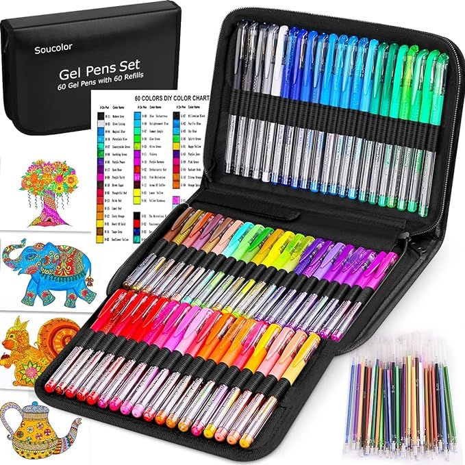 Soucolor 60 Colored Gel Pens for Adult Coloring Books, Deluxe 120 Pack- 60 Refills and Travel Cas... | Amazon (US)