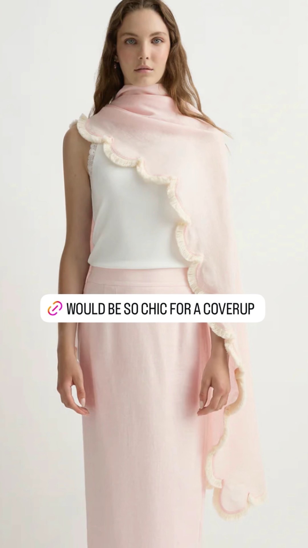 A minimalist resortwear look outfit ideas.  blush pink sheer cover-up scarf with a soft ruffle trim, styled over a crisp white sleeveless top and a matching pale pink skirt. The lightweight wrap drapes effortlessly for an elegant, feminine beach-to-dinner outfit—perfect as a chic swim cover-up or vacation layering piece.

blush pink cover-up, sheer scarf wrap, ruffle trim wrap, chic beach cover up, resortwear outfit, feminine vacation outfit, minimalist summer style, neutral pastel outfit

#LTKTravel #LTKValentine #LTKOver40