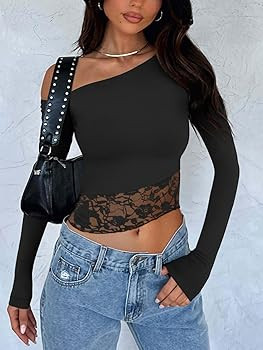 REORIA Womens Long Sleeve Crop Tops Double Lined Lace Off The Shoulder Tops Regular Fitted Shirts... | Amazon (US)