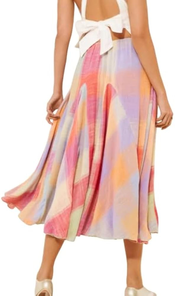 Women's Multicolor Plaid Maxi Skirt Colorblock Ruched Detail Flowy Elastic Waist Boho Skirt | Amazon (US)