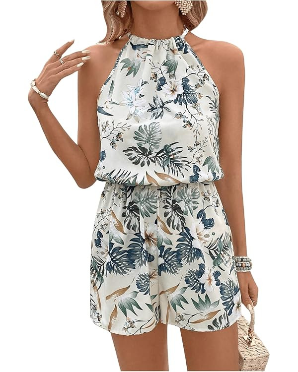 SweatyRocks Women's Allover Print Sleeveless Halter Jumpsuit High Waist Cami Romper with Pocket | Amazon (US)