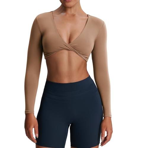 Aoxjox Long Sleeve Crop Tops for Women Sienna Twist Deep V Workout Cropped T Shirt Top | Amazon (US)