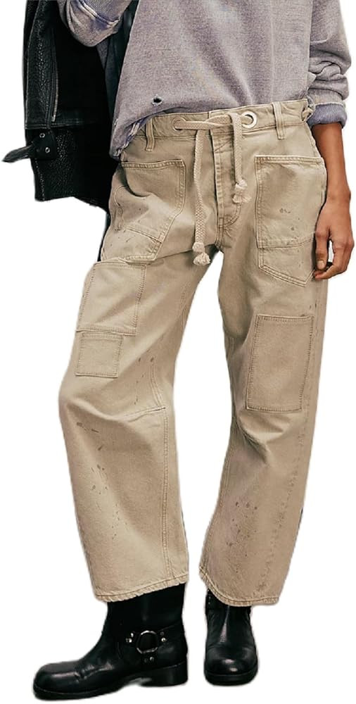 Yoawdats Y2k Baggy Barrel Jeans Women Drawstring Low Rise Wide Leg Boyfriend Patchwork Jeans Casu... | Amazon (US)