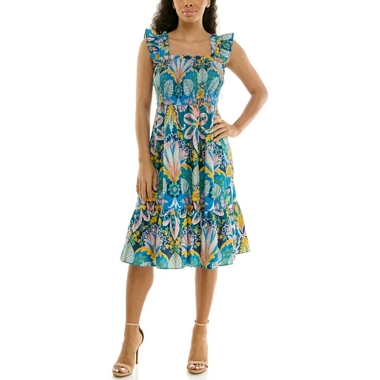 Nanette Lepore Women's Smocked Flutter Sleeve Midi Dress, Sizes XS-XXXL | Walmart (US)