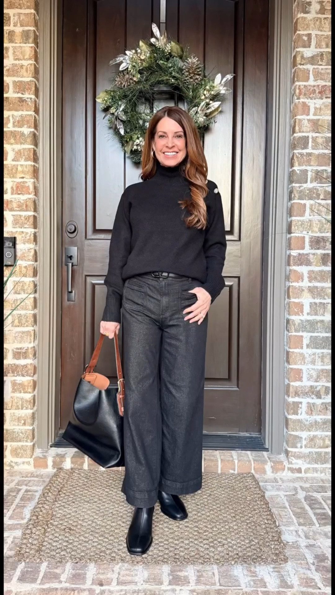 New black faux leather booties with a chunky heel. They come in 3 color options and fit tts. They paired perfectly with my black monochromatic casual dinner date outfit. Message me for links to the outfit as they’re not available to link on LTK and have a discount code.

#womenover50 #casualoutfit #booties