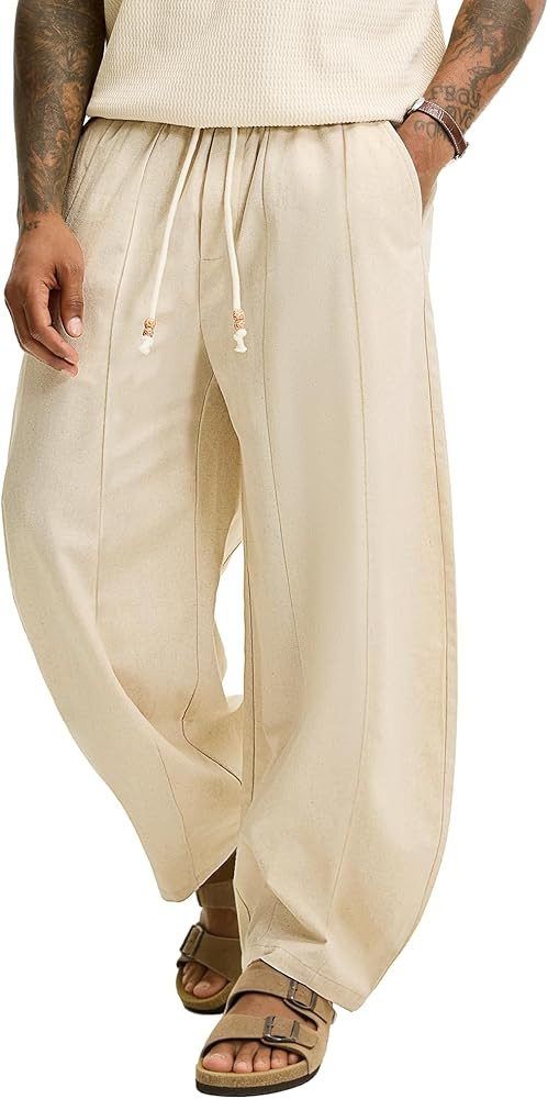 JEMLDL Men's Baggy Cotton Linen Pants Pleated Barrel Leg Trousers Drawstring Summer Beach Casual ... | Amazon (US)