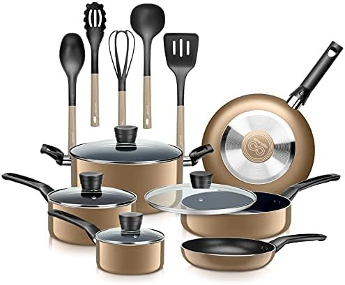 SereneLife Kitchenware Pots & Pans Basic Kitchen Cookware, Black Non-Stick Coating Inside, Heat R... | Amazon (US)