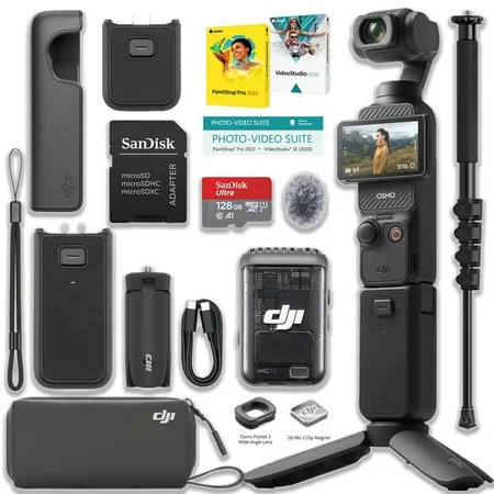 DJI Osmo Pocket 3 Creator Combo Bundle with Clip-On Transmitter/Recorder, Wide Angle Lens, Battery Handle, Mini Tripod, Carrying Bag + 128GB Micro SD Card, Monopod, Corel Software | Walmart (US)