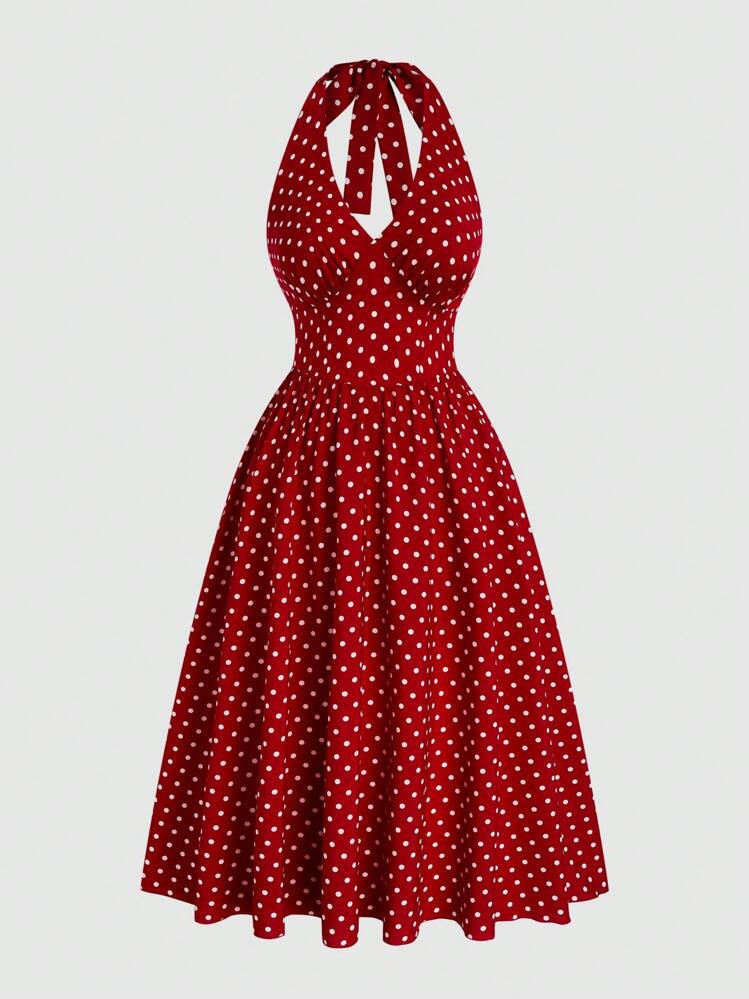 SHEIN Sweetro Summer Women's Elegant Off-The-Shoulder V-Neck Tie-Shoulder Polka Dot Swing Dress, Vintage French Chic Casual Vacation Dress With Cinched Waist | SHEIN